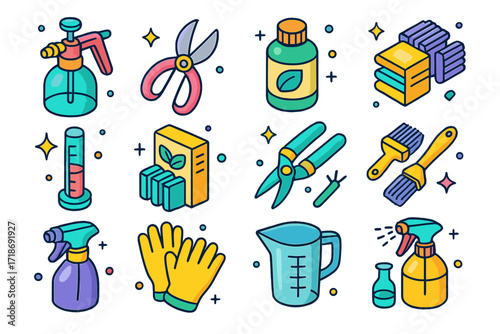 Living Wall Tools Icons. Colorful isometric vector icons set of Living Wall Maintenance Tools: plant mister, pruning scissors, plant food bottle,