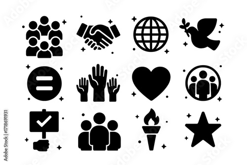 Icons of Unity. Unity. Solid icons set of circle of people, handshake, globe, peace dove, equality symbol, raised hands, heart, inclusive community, protest