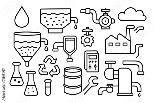 Wastewater Treatment Doodle. Hand-drawn doodle illustration wastewater treatment plant water droplet, filtration tank, sedimentation basin, pump, pipe, valve,