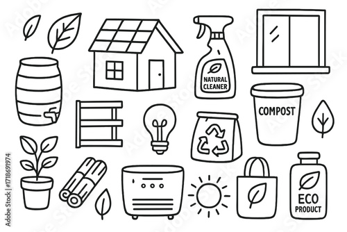 Eco-Friendly Home Doodles. Hand-drawn doodle illustration Eco-friendly home solar panel, compost bin, recycling bin, rainwater barrel, potted plant, bamboo