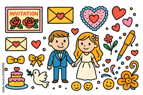 Whimsical Wedding Icons. Colorful Hand-drawn doodle Children illustration Cute wedding icons invitation card, roses, envelope flap, lace heart, dotted pattern,