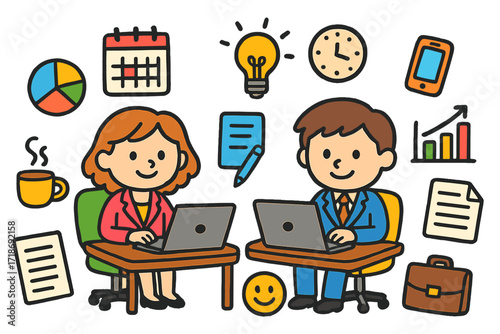 Colorful Office Doodle. Colorful Hand-drawn doodle Children illustration business professionals working on laptops laptop, office desk, coffee cup, calendar,