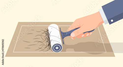 Close-up illustration of a hand using a lint roller to remove hair from light brown paper, flat lay style, neutral color palette, against a beige background.