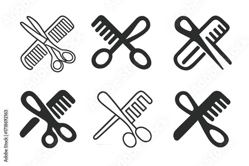 Haircut Logo Variations. Hair cut design sketches. Set Logo of hair cut design sketches: comb and scissors crossed. harmonious logo variations of the same