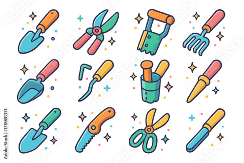 Colorful Garden Tool Icons. Colorful isometric vector icons set of essential garden hand tools: hand trowel, pruning shears, garden fork, hand rake, soil