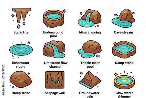 Cave Water Icon Set. Colorful isometric vector icons set of Water in Caves and Caverns: stalactite drip, underground pool, mineral spring, cave stream, echo