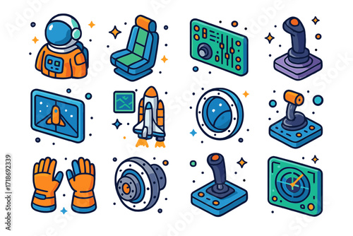 Space Piloting Icons. Space piloting. Colorful isometric vector icons set of space piloting: astronaut pilot, cockpit seat, control panel, flight joystick,