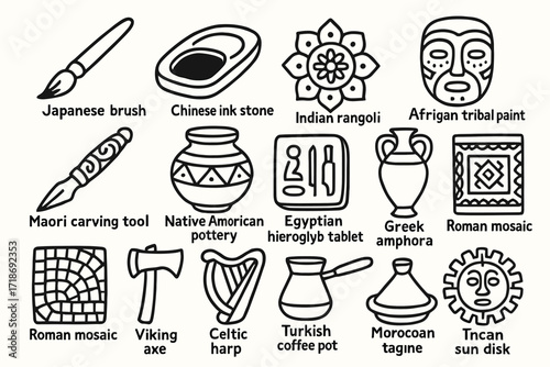 World Cultural Icons. Hand-drawn doodle illustration Cultural icons Japanese calligraphy brush, Chinese ink stone, Indian rangoli, African tribal paint, Maori