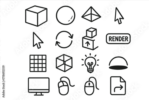 3D Art Tools Icons. Hand-drawn doodle illustration 3D digital art cube, sphere, pyramid, 3D cursor, rotation arrows, extrude tool, grid, wireframe, render