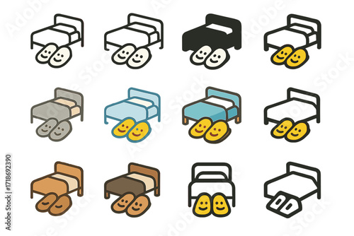 Colorful Slippers Logos. Set Logo of Slippers by the Bedside: Slippers with Smiling Faces. Logo set in vector style, emblematic variations. line, bold thick