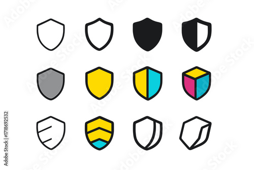 Shield Logo Grid. Set Logo of Brand Identity: Shield icon. Logo set in vector style, emblematic variations. line, bold thick line, solid black filled, solid
