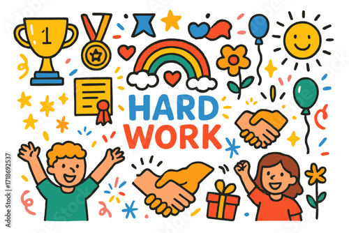 Celebrating Hard Work. Colorful Hand-drawn doodle Children illustration Celebrating Hard Work [trophy, medal, ribbon, certificate, handshake, smiling face,