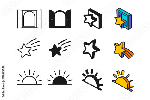 Inspiration Icon Set. Icon Set of Fresh Ideas Inspiration: Open window, Shooting star, Rising sun. Icons set in vector style, emblematic variations. Open