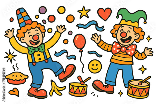 Funny Comedic Doodle. Colorful Hand-drawn doodle Children illustration Funny Duo comedians, silly hats, clown noses, juggling balls, oversized shoes, pie,
