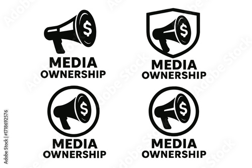 Media Ownership Emblem. Set Logo of Media ownership: megaphone with dollar sign. Logo set in vector style, emblematic variations.