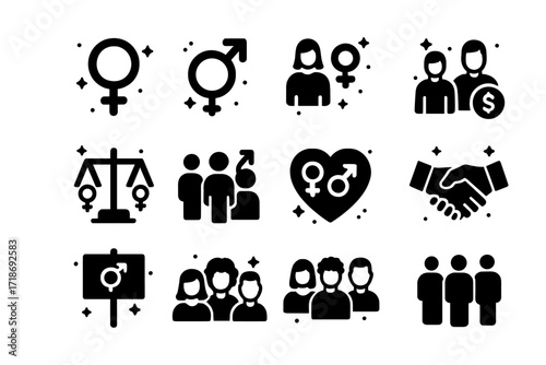 Gender Equality Icons. Gender Equality. Solid icons set of female symbol, male symbol, gender-neutral symbol, equal pay, diverse workplace, balance scale,