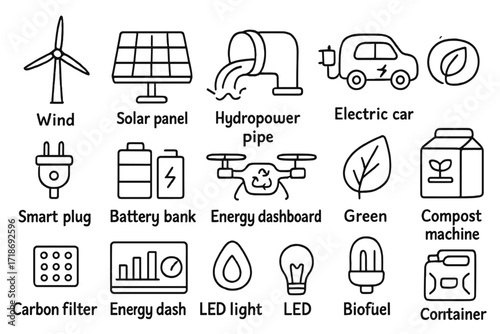 Green Tech Doodle Icons. Hand-drawn doodle illustration [green tech innovations] wind turbine, solar panel, hydro power pipe, electric car, smart plug, battery