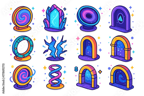 Cosmic Portal Icons. Colorful isometric vector icons set of Cosmic portals and gateways: swirling energy gate, crystal-framed portal, liquid mirror gate,