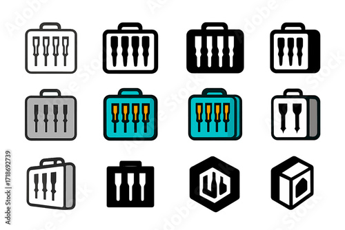 Computer Repair Logos. Set Logo of Computer Repair Tools: Screw organizer box. Logo set in vector style, emblematic variations. line, bold thick line, solid