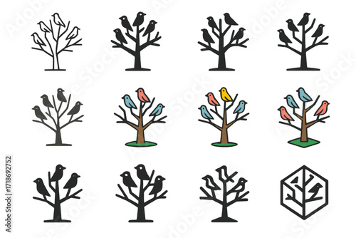 Barren Tree Logo Collection. Set Logo of Barren Tree: Tree with Birds Perched on Branches. Logo set in vector style, emblematic variations. line, bold thick