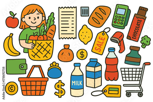 Colorful Shopping Doodles. Colorful Hand-drawn doodle Children illustration Shopping and receipts grocery bag, basket, receipt slip, shopping cart, barcode