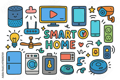 Smart Home Doodle. Colorful Hand-drawn doodle Children illustration Smart home living smart speaker, smart TV, tablet, smartphone, Wi-Fi router, thermostat,