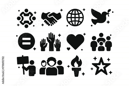 Unity Icons Grid. Unity. Solid icons set of circle of people, handshake, globe, peace dove, equality symbol, raised hands, heart, inclusive community, protest