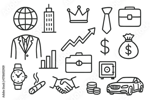 Billionaire Vision Doodles. Hand-drawn doodle illustration billionaire vision globe, skyscraper, crown, tie, suit, briefcase, stock arrow, chart, dollar sign,