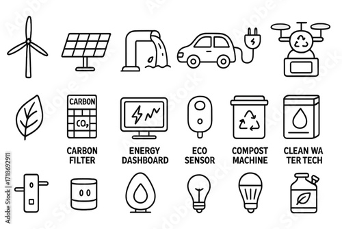 Green Tech Doodle Icons. Hand-drawn doodle illustration [green tech innovations] wind turbine, solar panel, hydro power pipe, electric car, smart plug, battery