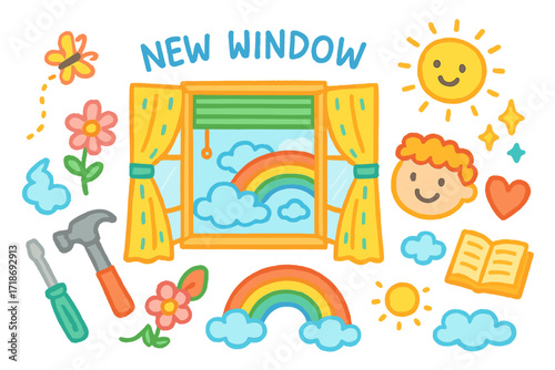Colorful Children's Window View. Colorful Hand-drawn doodle Children illustration New Window Look open window, curtains, blinds, screwdriver, hammer, rainbow,