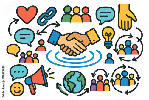 Colorful Community Connection. Colorful Hand-drawn doodle Children illustration [Social ripple effect] [handshake, group of people, heart, chain links, speech