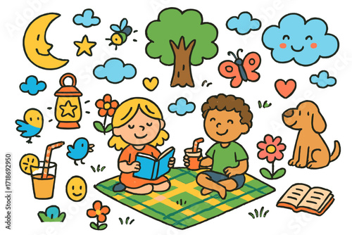 Evening Lawn Delight. Colorful Hand-drawn doodle Children illustration Evening on the Lawn [moon, star, lantern, blanket, juice, tree, flower, firefly, cloud,