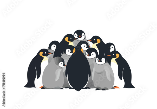 A huddle of penguins including both adults and chicks against a white background