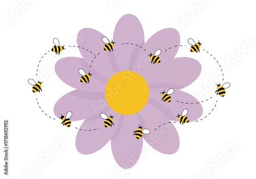 A lilac flower with yellow center encircled by 11 cartoon bees following dotted flight paths