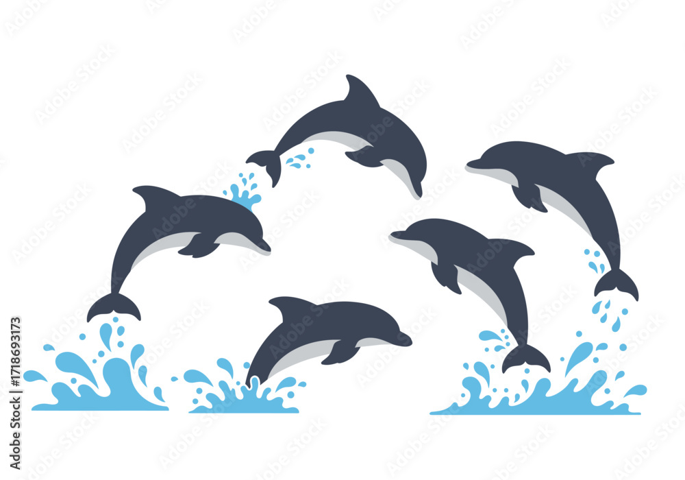 Fototapeta premium Five cartoon dolphins jumping out of blue water against a white background