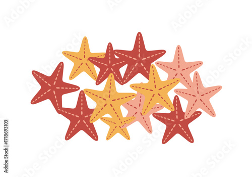 An illustration featuring a collection of starfish in various colors