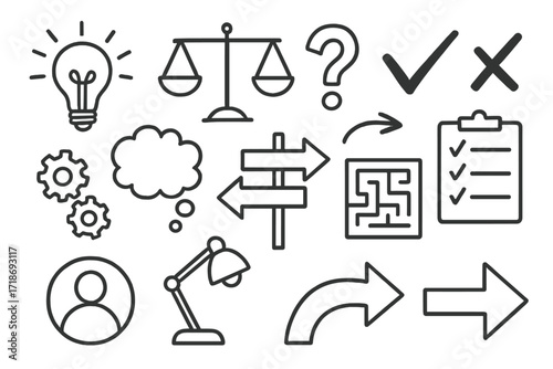 Decision Making Doodles. Hand-drawn doodle illustration [Decision making clarity] light bulb, balance scale, question mark, checkmark, X mark, gears, thought