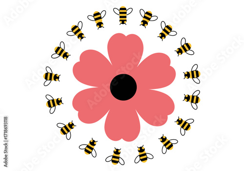 Bees circle a pink fivepetal flower with a black center