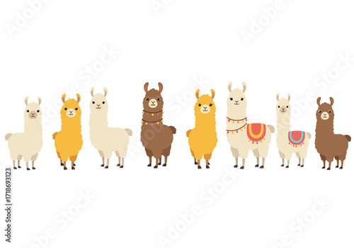 Eight cartoon llamas in varying colors are arranged in a row against a plain white background