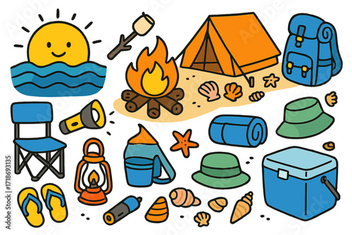 Beach Camping Doodle. Colorful Hand-drawn doodle Children illustration [Camping at the beach sunset] [sunset, tent, bonfire, marshmallow stick, flashlight,