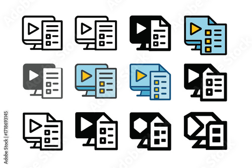 TV Production Logos Grid. Set Logo of TV Production Scheduling: Scene Breakdown Sheet. Logo set in vector style, emblematic variations. line, bold thick line,