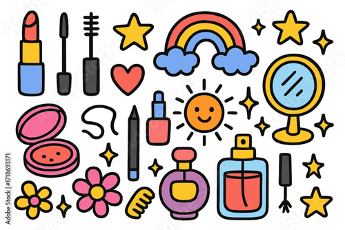 Colorful Makeup Doodle. Colorful Hand-drawn doodle Children illustration Makeup Table Essentials [lipstick, mascara, eyeliner, blush, compact, perfume, nail