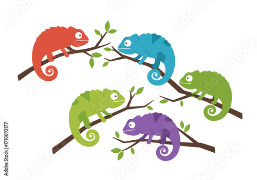 Five colorful chameleons perched on branches with green leaves