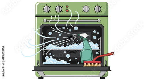 Front view of a vintage green oven being cleaned with a spray bottle and brush, showing soapy bubbles and steam, in a flat-lay illustration style with a clean aesthetic.