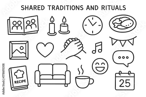 Shared Rituals Sketch. Hand-drawn doodle illustration [shared traditions and rituals] [photo album, candles, food plate, clock, hands together, music, framed