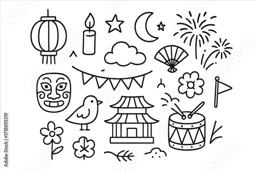 Lantern Festival Icons. Hand-drawn doodle illustration lantern festivals lantern, candle, flame, star, moon, cloud, fireworks, banner, fan, mask, temple,