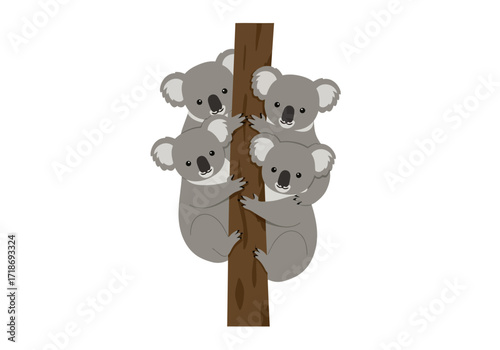 Four gray koalas are climbing a brown tree trunk
