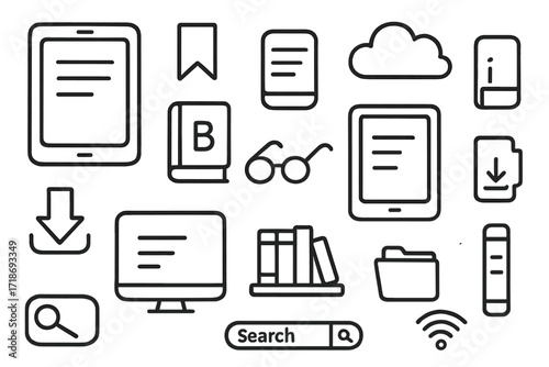 Digital Reading Essentials. Hand-drawn doodle illustration Digital book collection [tablet, e-reader, digital bookmark, cloud icon, book icon, screen, battery