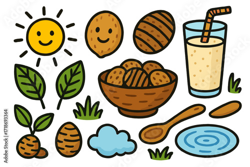 ???????? ??????? ? ??????. Colorful Hand-drawn doodle Children illustration Earth almond (tiger nut), Cyperus esculentus tuber, striped nut, glass of horchata,