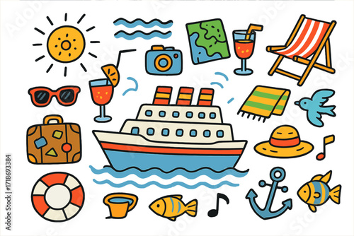Colorful Cruise Adventure. Colorful Hand-drawn doodle Children illustration Cruise Holiday cruise ship, sun, waves, cocktail, camera, deck chair, map, life